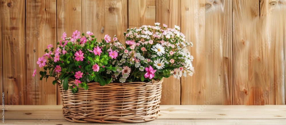 Poster flowers in basket against wooden background. copy space image. place for adding text and design