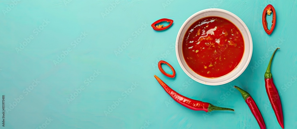 Poster chilli sauce in white cup. pastel background food isolated. copy space image. place for adding text 