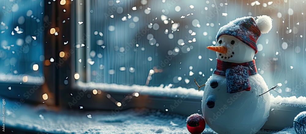 Aufkleber decorative snowman glued to the window glass. decoration for the new year. copy space image. place f