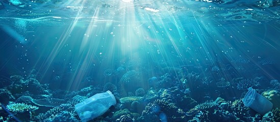 Underwater view in blue ocean with plastic bag and rubbish, ecological problem. Copy space image. Place for adding text or design