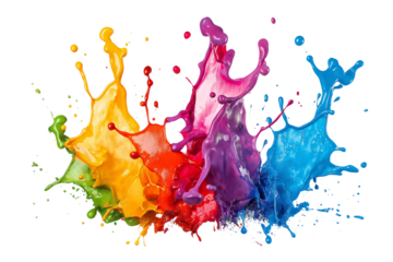 Colorful paint splash isolated on a PNG transparent background. Vibrant, dynamic paint splatter with various colors, perfect for design projects, digital art, and creative applications