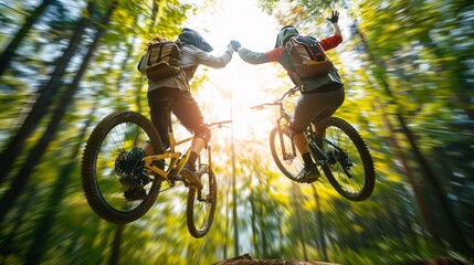 Two mountain bikers making a high five while jumping, capturing the thrill of adventure, teamwork, and exhilaration in an outdoor setting, highlighting the excitement and camaraderie of mountain bikin