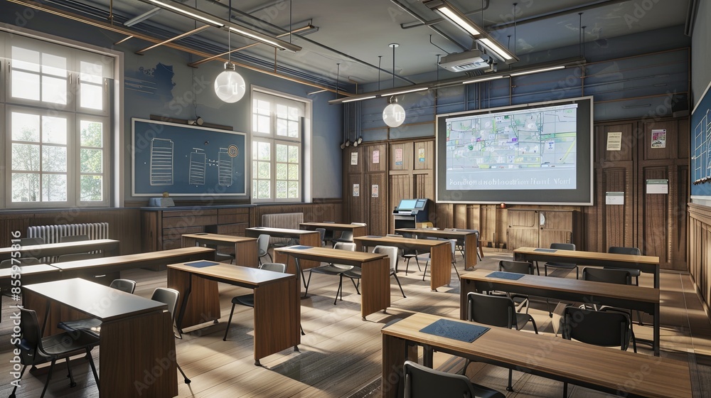 Poster a contemporary classroom featuring interactive panels and ai assistants, creating a modern and invit