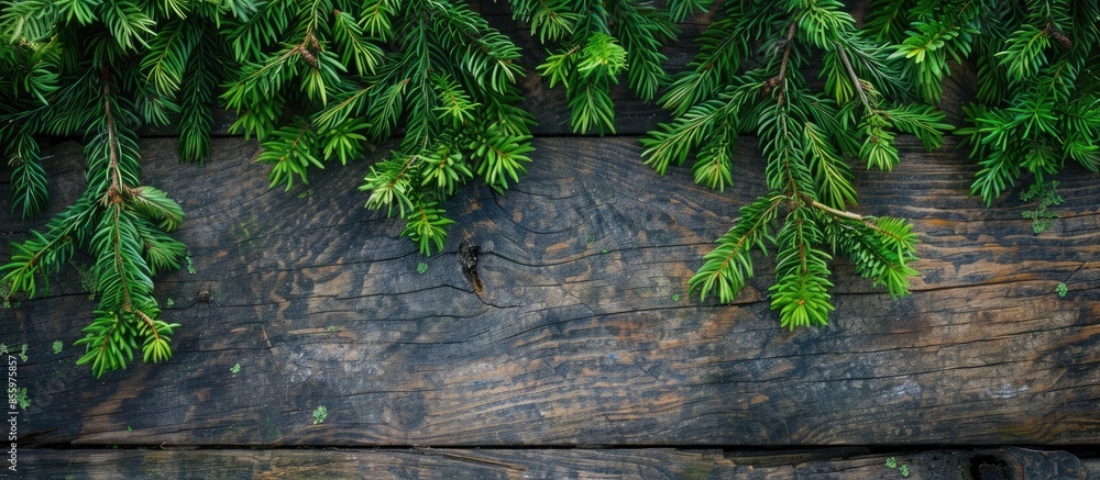 Poster green pine branches on a wooden rustic table. copy space image. place for adding text and design