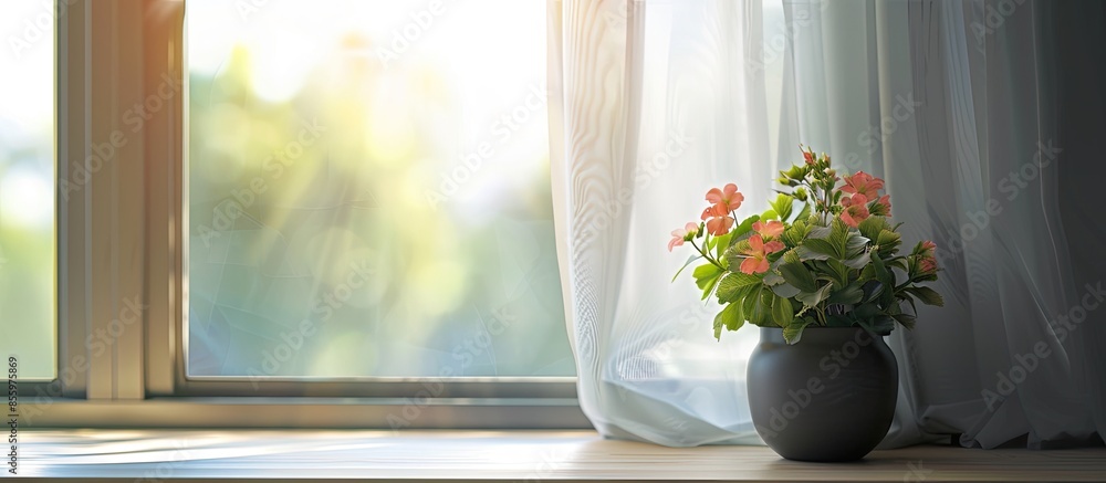 Poster flowerpot by the window. copy space image. place for adding text and design
