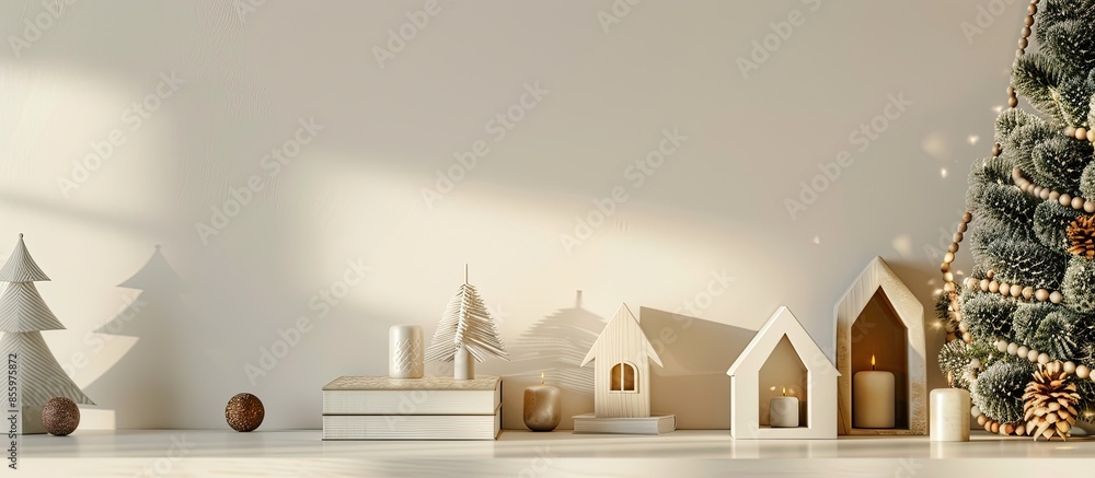 Poster shelving unit with house shaped candle holders, christmas trees and books near light wall. copy spac