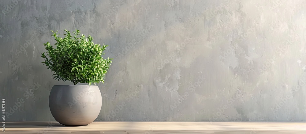 Poster plant on a minimal sideboard in grey flower pot. copy space image. place for adding text and design