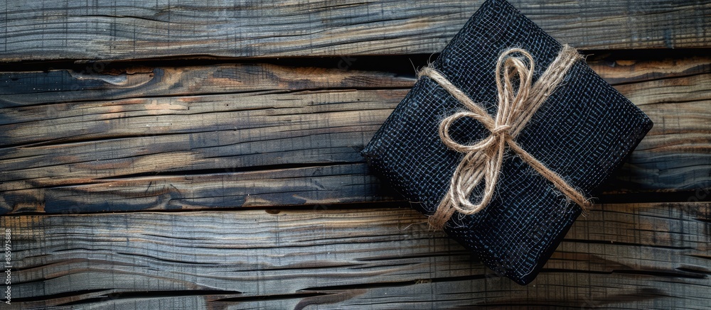 Poster gift box wrapped in black net on wood. pastel background. copy space image. place for adding text an