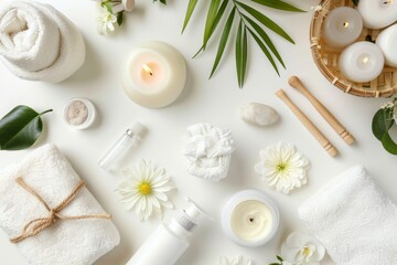 Wellness care and massage products on white table. Top view. Horizontal composition.