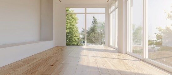 Fototapeta premium interior design empty white room with glass window and wooden laminate floor of a new residential house. Copy space image. Place for adding text and design