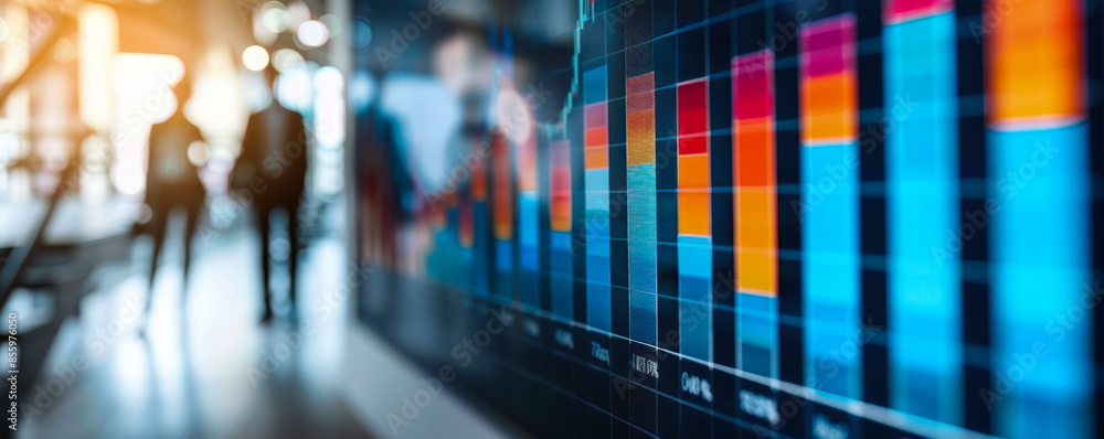 Poster A colorful chart with a blue background and a man walking in the background. The chart is showing a graph of numbers and the man is walking past it