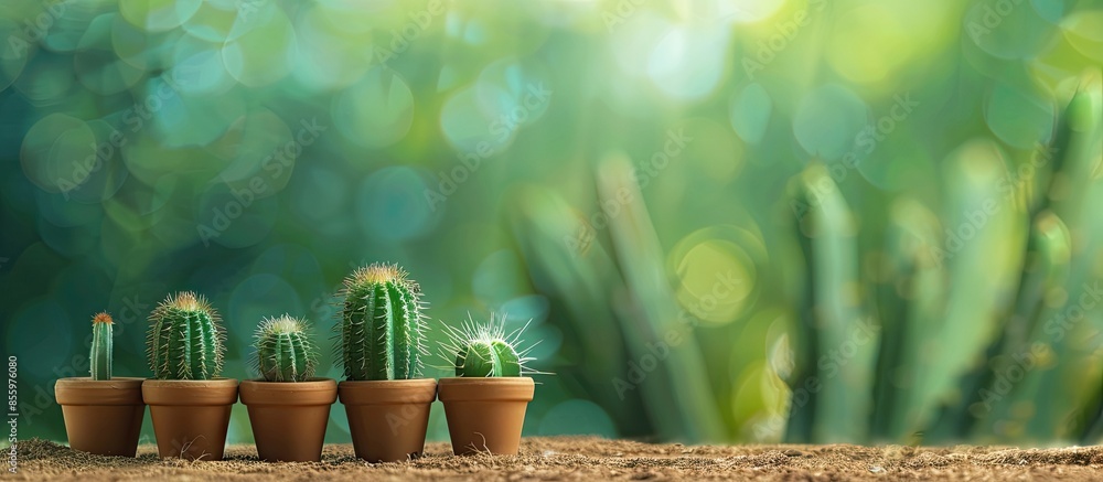 Poster green cactus seedlings in pots on a natural background. copy space image. place for adding text and 