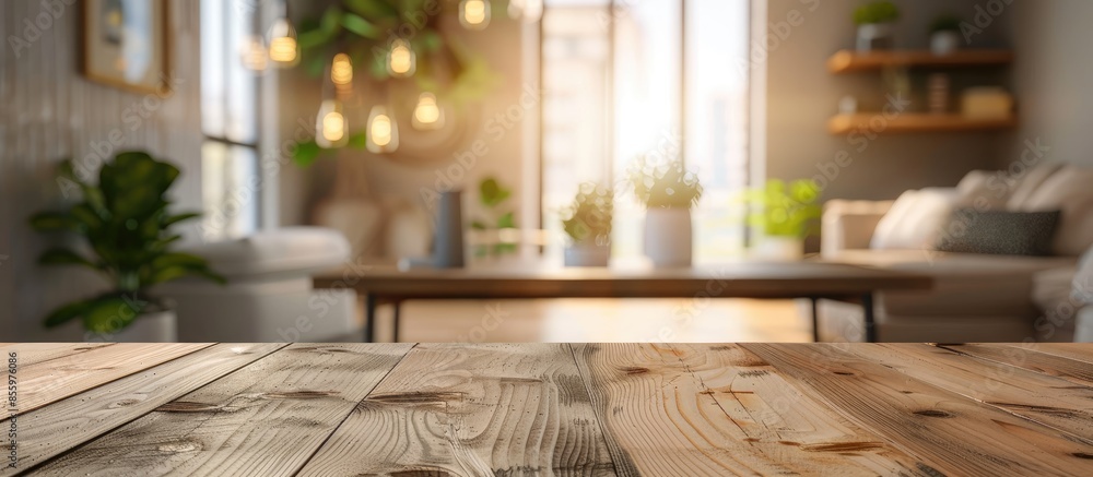Poster table background and blurred home interior. free space for your decoration. . copy space image. plac