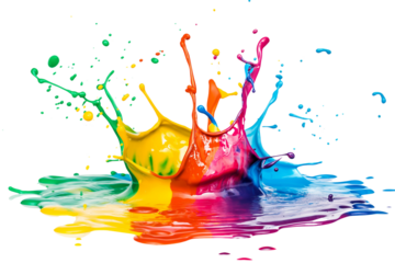 Colorful paint splash isolated on a PNG transparent background. Vibrant, dynamic paint splatter with various colors, perfect for design projects, digital art, and creative applications