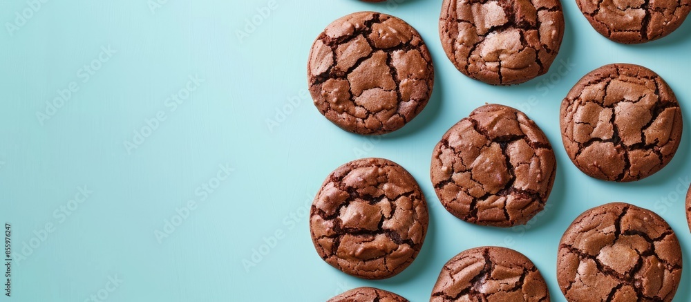 Poster homemade chocolate cookies isolated on pastel background. copy space image. place for adding text an