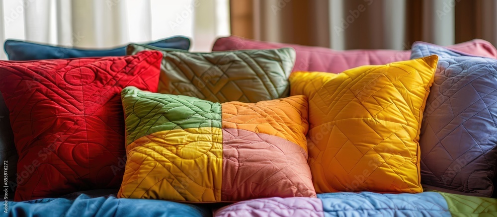 Poster creative colorful quilt pillow. art and craft idea. copy space image. place for adding text and desi