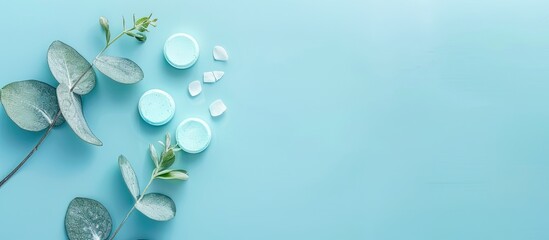 Natural ecological bio tablets for a dishwasher from eucalyptus bright blue. Safe cleaning of dishes. Three in one: rinse aid, salt and detergent. Convenient and economical. pastel background