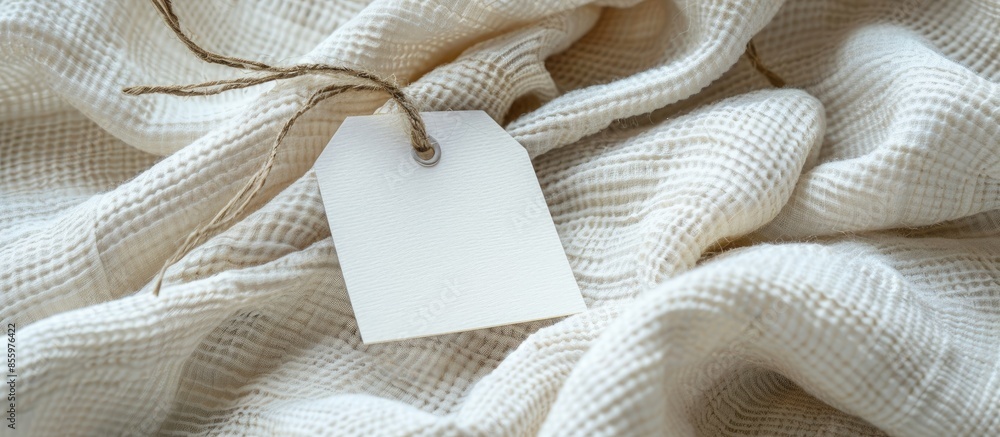 Poster white blank clothes label on white linen as a background. copy space image. place for adding text an