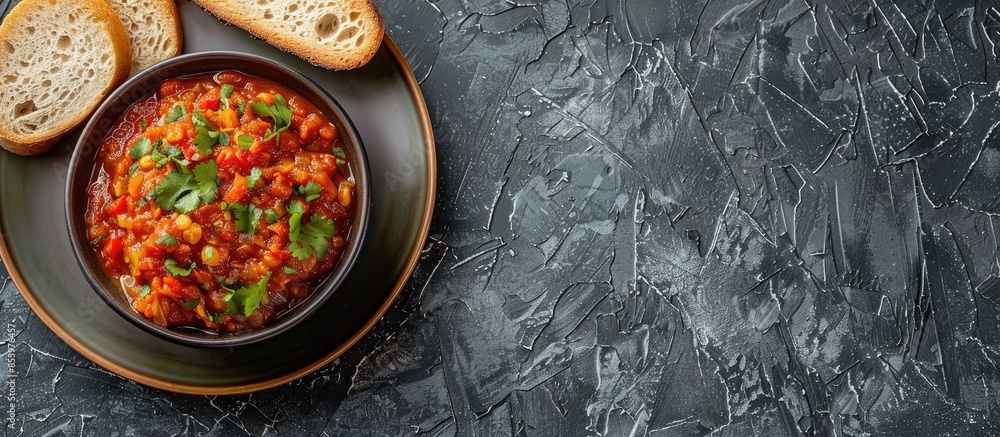 Poster indian mumbai food pav bhaji from vegetables with bread close-up in a bowl on the table. horizontal 