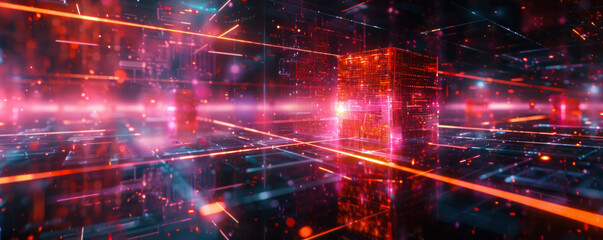 A computer generated image of a cityscape with a red cube in the middle. The image has a futuristic and technological feel to it