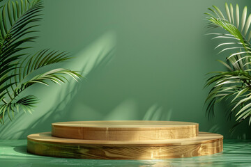Obraz premium Wooden platform in a verdant, leafy environment, suitable for eco-friendly displays, tropical themes, and nature-inspired presentations for various creative projects