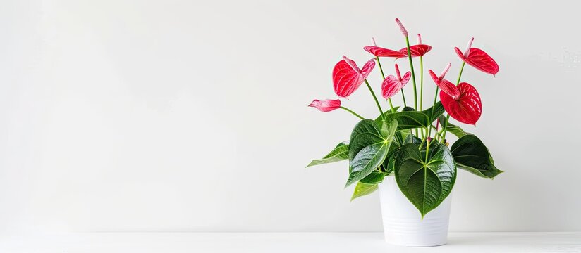 House plant Anthurium in white flowerpot isolated on white background Anthurium is heart - shaped flower Flamingo flowers or Anthurium andraeanum (Araceae or Arum) symbolize hospitality