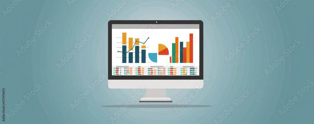 Poster a computer monitor displays a graph with different colored bars. the graph is titled 