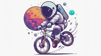 Obraz premium Adorable astronaut on a bicycle, perfect as a playful icon for people or transportation concepts. Its isolated design makes it easy to use in various digital designs.