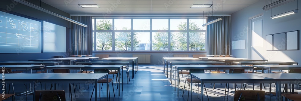 Poster a contemporary classroom with interactive panels and ai assistants, designed to enhance the learning