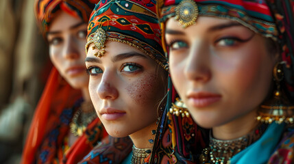 Beautiful young muslim girls with traditional clothing and jewelry.