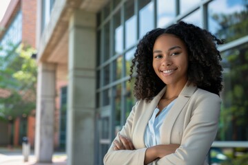 diverse woman MBA student in front of university campus