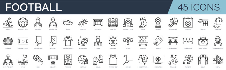 Set of 45 outline icons related to football, soccer. Linear icon collection. Editable stroke. Vector illustration
