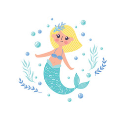 Childrens cute magic character. Magic mermaid girl. Children magic poster or postcard. Vector illustration of fantasy undersea life