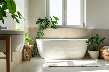 minimal scandinavian bathroom design with white tiles, bathtub, a window and with green potted plants
