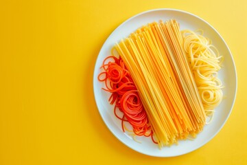 spaghetti pasta - red, orange, yellow, , served in white plate on yellow background view from above