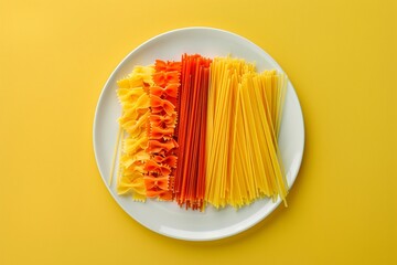 spaghetti pasta - red, orange, yellow, , served in white plate on yellow background view from above