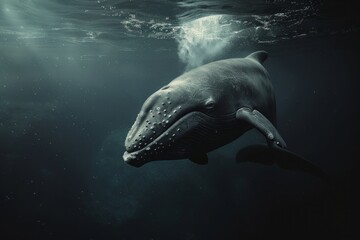 &Acirc;&frac34; side view of sperm whale swimming toward camera. big nose and sleepy eye