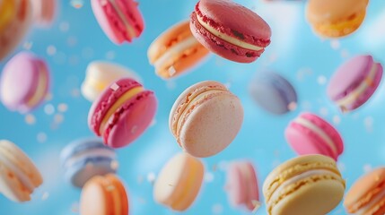 Obraz premium French macarons flying in the air among the crumbs on pink background. Levitation concept. Food wide banner with copyspace.