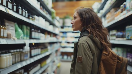 A person from behind looking at a wide selection of goods in a grocery or specialty food store aisle
