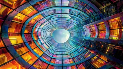 A colorful stained glass dome ceiling, with sunlight streaming through the intricate patterns and casting a warm glow on the interior space below.