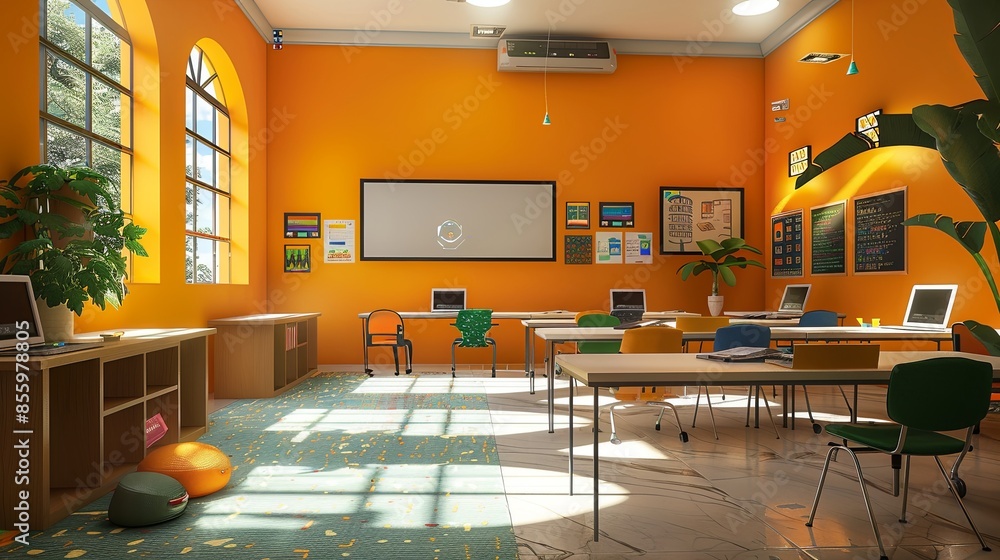 Poster a contemporary classroom with interactive panels and ai assistants, creating a modern and inviting l