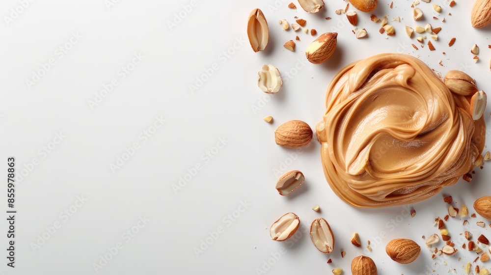 Poster peanut butter and peanuts in shells on white background with space