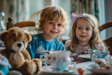 Fototapeta premium Children having a tea party with teddy bears, ideal for imaginative play, childhood memories, and indoor activities, showcasing creativity and social interaction