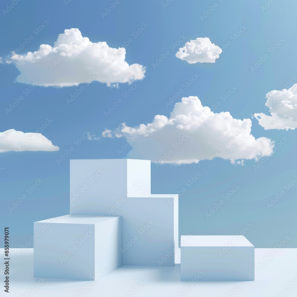 Poster Isolated 3D render mock up image of a white podium with abstract background of blue sky and soft clouds