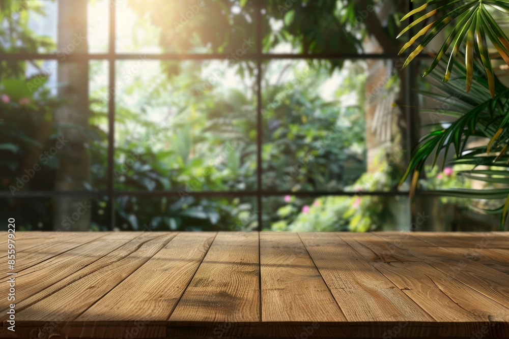 Poster morning view of mountains from the window and wooden table top with an empty background of mountains