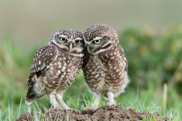 A burrowing owl grooms its mate while they stand on their nest burrow mound. Front view of one owl with face showing and side view of the other with grass in the background