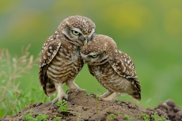 Naklejka premium A burrowing owl grooms its mate while they stand on their nest burrow mound. Front view of one owl with face showing and side view of the other with grass in the background