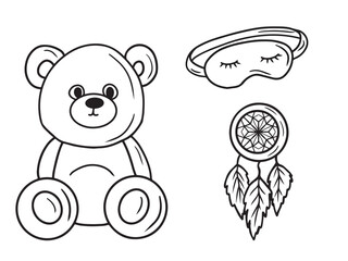 Concept of good sleep, accessory for slumber breathing bear toy Soothe 'n Snuggle, sleeping mask and catcher of dreams. Hand drawn vector sketch illustration in doodle engraved line art vintage