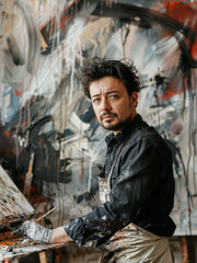 A contemporary artist is making art in his studio workshop. Abstract paintings stand on the floor and hang on the walls. Creative activit