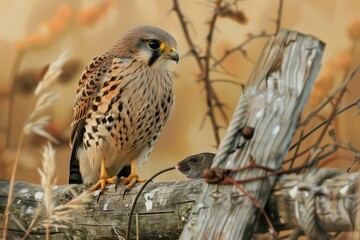 A Common Kestrel with a mouse sitting on a farm yard fence.
